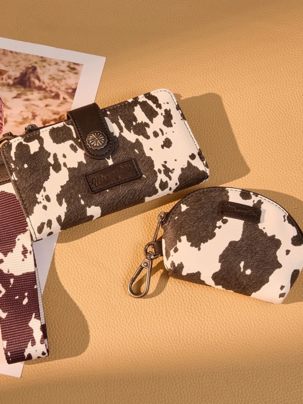 Wrangler Cow Print Wallet & Coin Pouch Wristlet Set Coffee